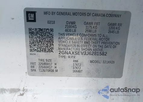 2018 Chevrolet Equinox Lt z USA, uszkodzony, nr VIN 2GNAXSEV3J6281582
